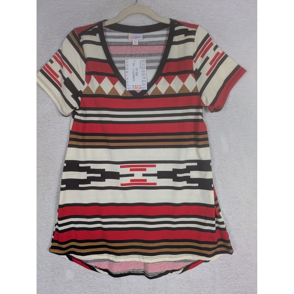 NEW LuLaRoe Christy T-shirt Women's XS Red Multi Geometric Southwestern V-Neck